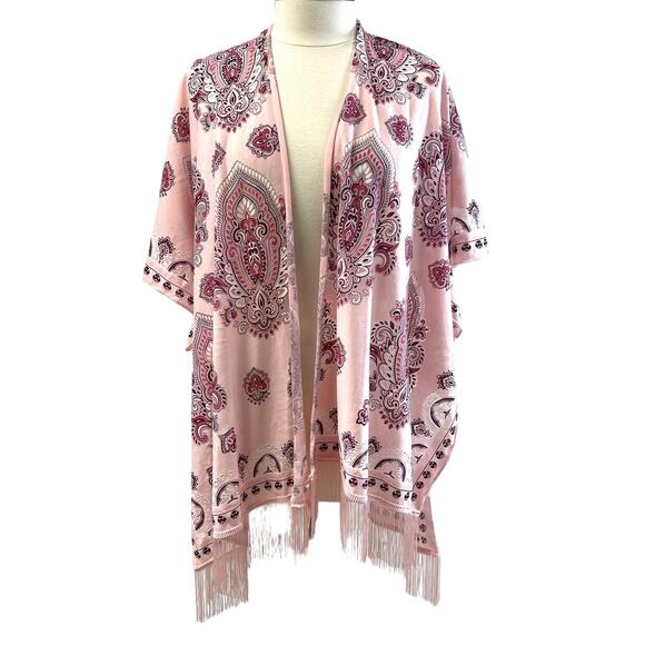 Burnout Bandana Print Kimono Coverup Pink Western Festival Rave Burnout Bohemian - Picture 1 of 8